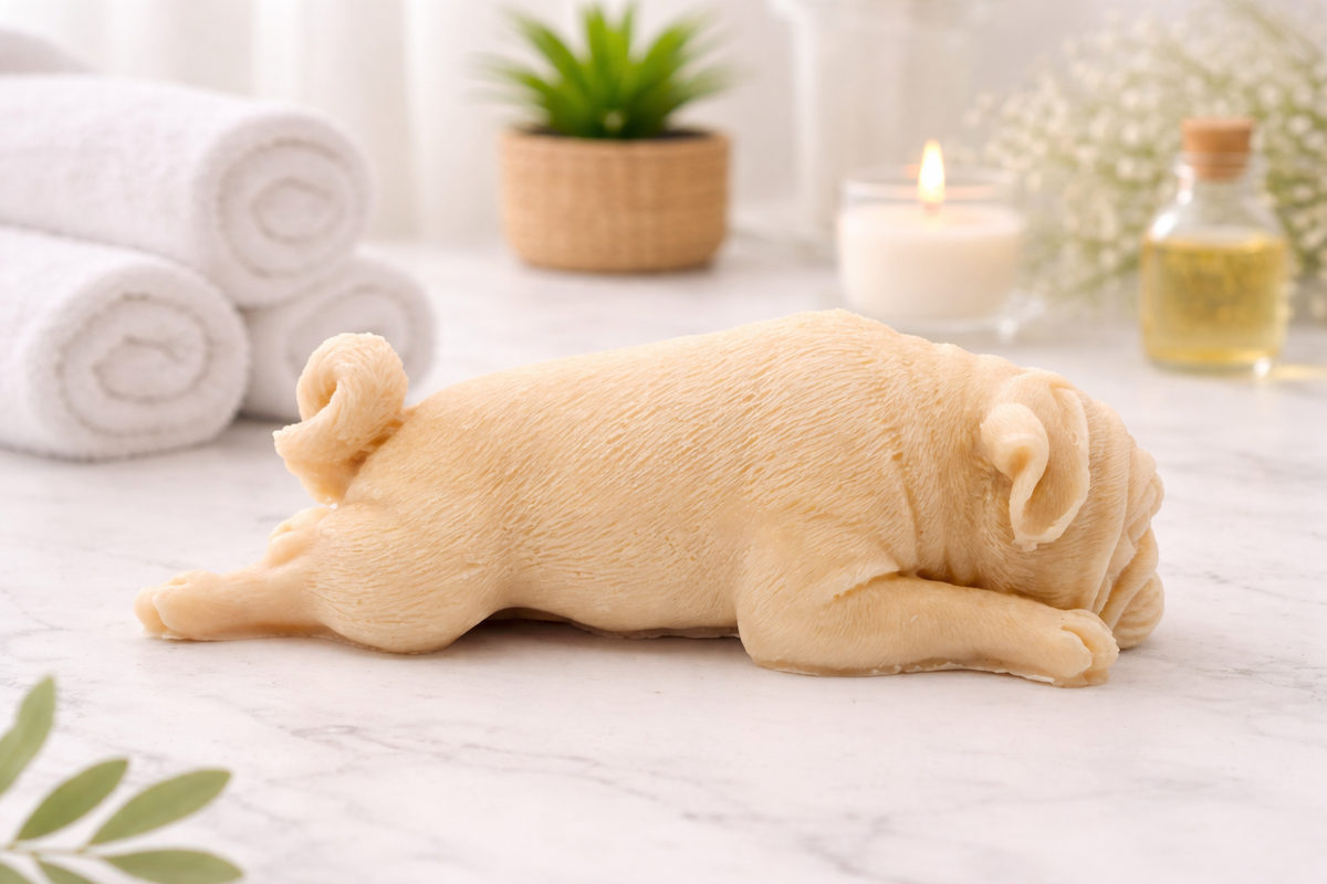 handmade vegan soap in the shape of a realistic sleeping pug dog lying flat, showing detailed wrinkles and fur texture, displayed in a spa-like setting with a candle and lavender.