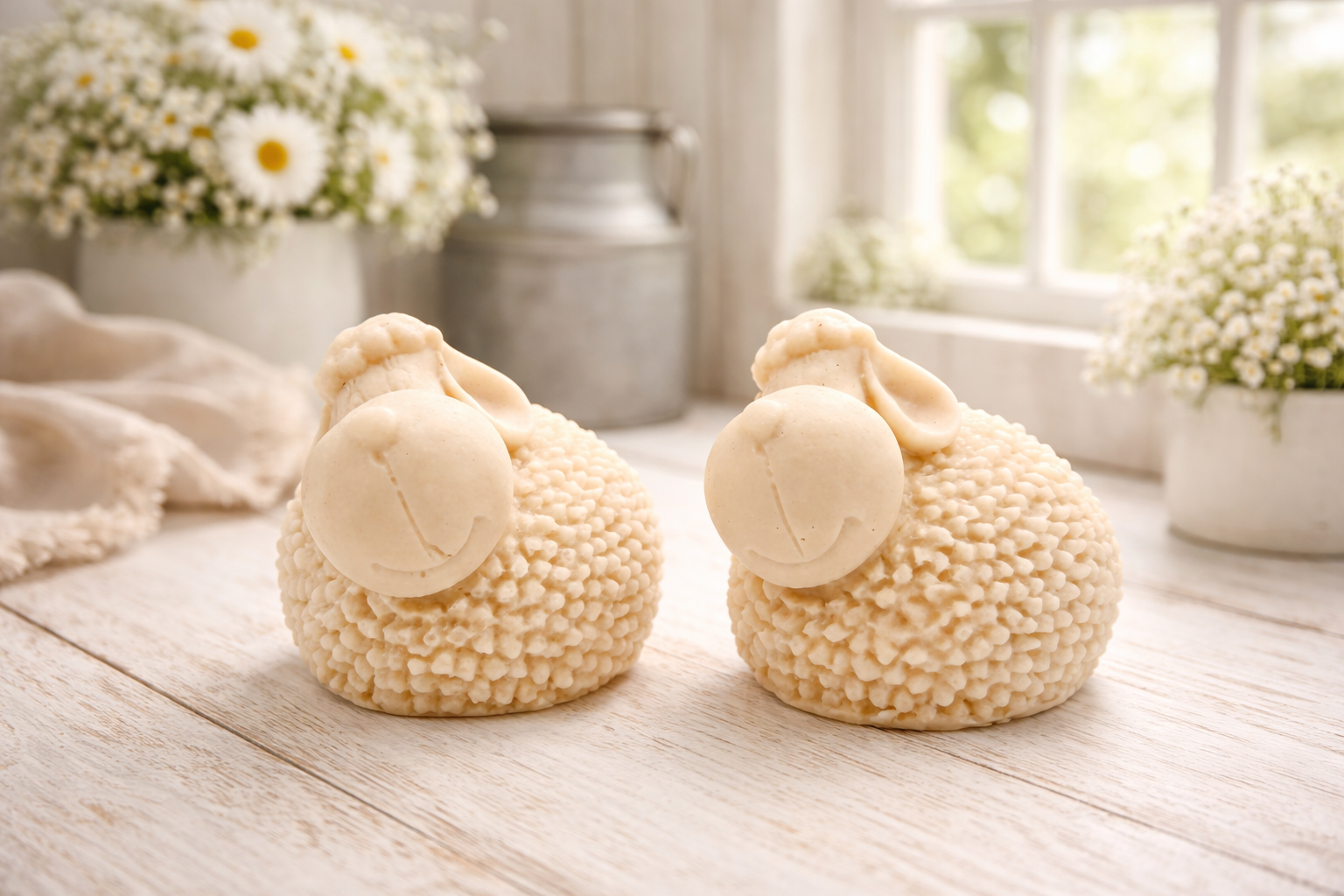 Two handmade vegan soaps in the shape of fluffy spring lambs with detailed wool texture, displayed on a weathered white wooden surface in a bright farmhouse decor room