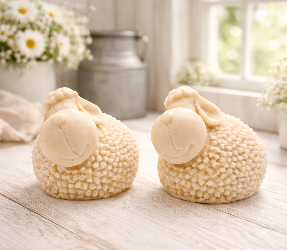 Two handmade vegan soap gift set featuring two fluffy spring lambs with detailed wool texture, displayed on a weathered white wooden surface in a bright farmhouse decor room