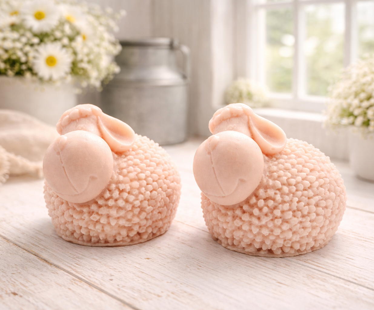 Two handmade vegan soap gift set featuring two fluffy spring lambs with detailed wool texture, displayed on a weathered white wooden surface in a bright farmhouse decor room