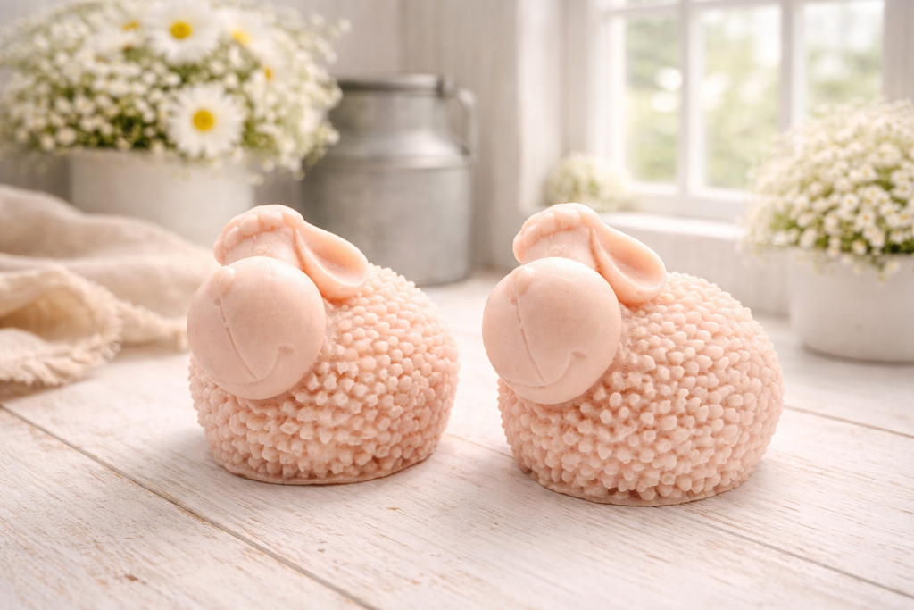 Two handmade vegan soaps in the shape of fluffy spring lambs with detailed wool texture, displayed on a weathered white wooden surface in a bright farmhouse decor room