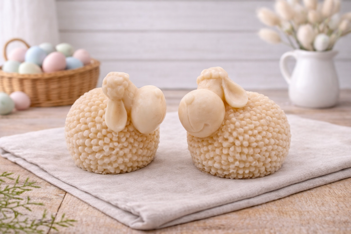 Two handmade vegan soaps in the shape of fluffy spring lambs with detailed wool texture, displayed on a weathered white wooden surface in a bright farmhouse decor room