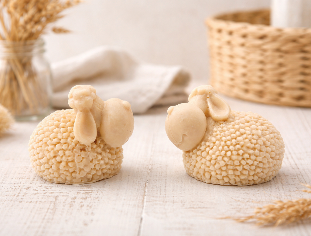 Two handmade vegan soaps in the shape of fluffy spring lambs with detailed wool texture, displayed on a weathered white wooden surface in a bright farmhouse decor room