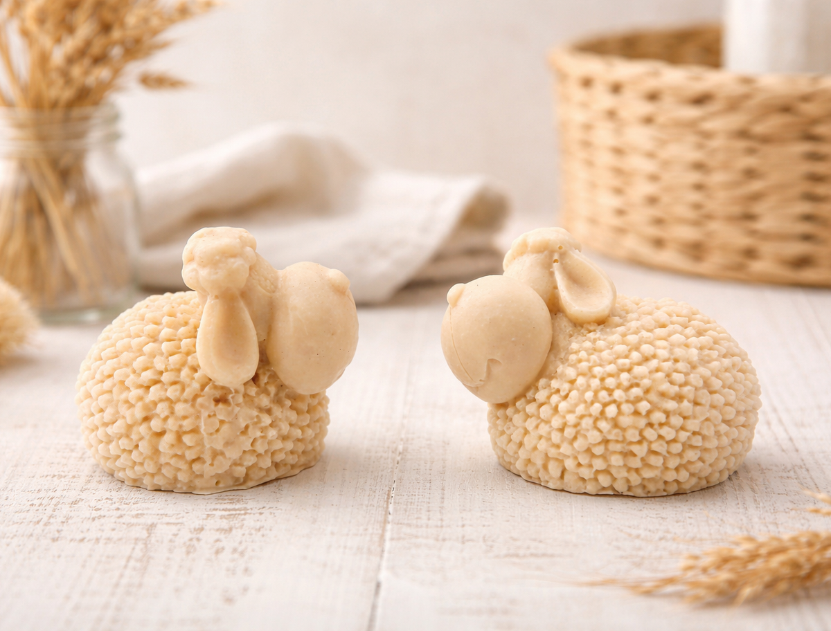 Two handmade vegan soaps in the shape of fluffy spring lambs with detailed wool texture, displayed on a weathered white wooden surface in a bright farmhouse decor room