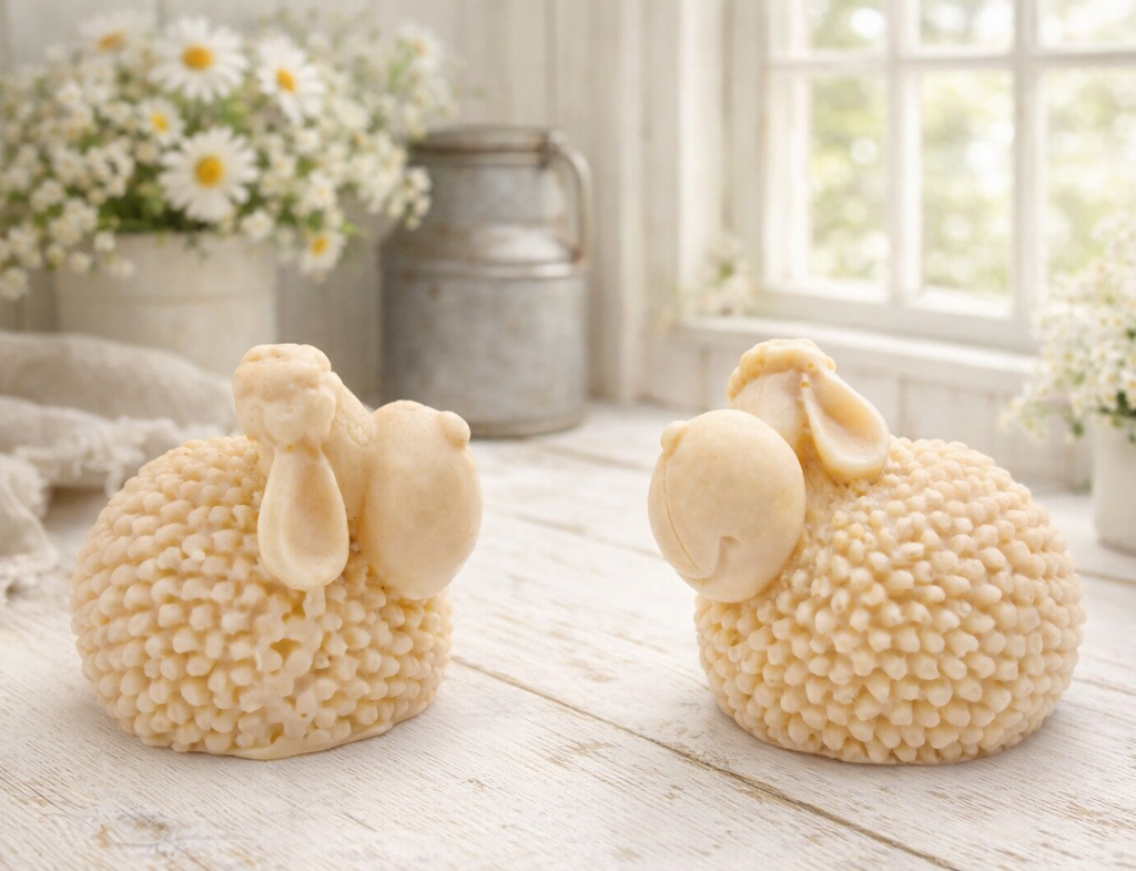 Two handmade vegan soaps in the shape of fluffy spring lambs with detailed wool texture, displayed on a weathered white wooden surface in a bright farmhouse decor room