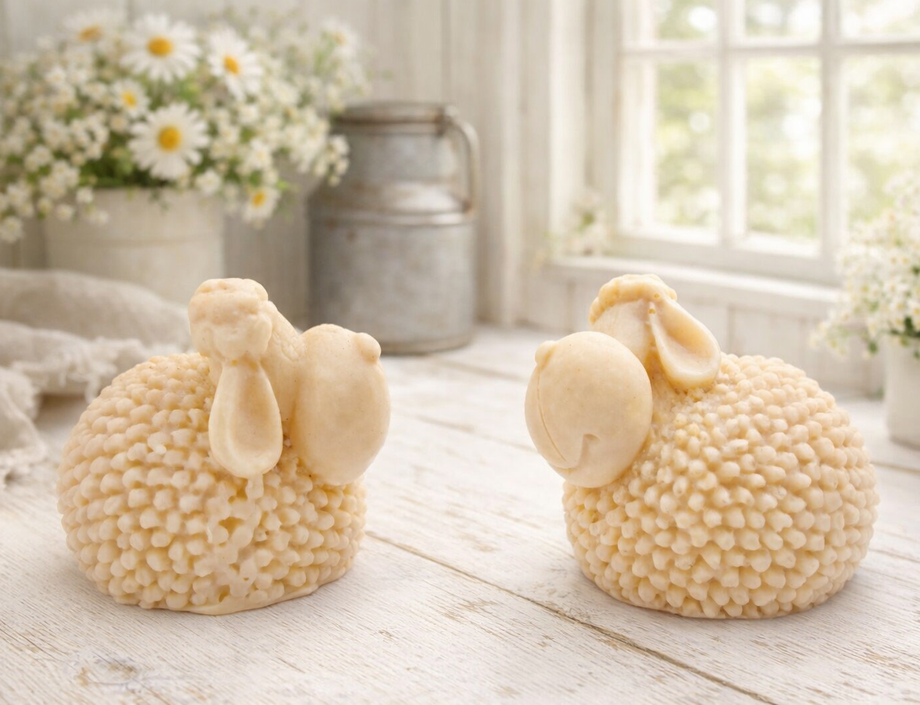 Two handmade vegan soaps in the shape of fluffy spring lambs with detailed wool texture, displayed on a weathered white wooden surface in a bright farmhouse decor room