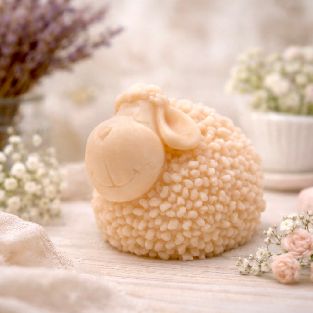 A set of three handmade vegan soaps in different sheep styles, including a dark grey smiling sheep and two lambs with detailed woolly textures, displayed on a rustic wooden surface with lavender and flowers.