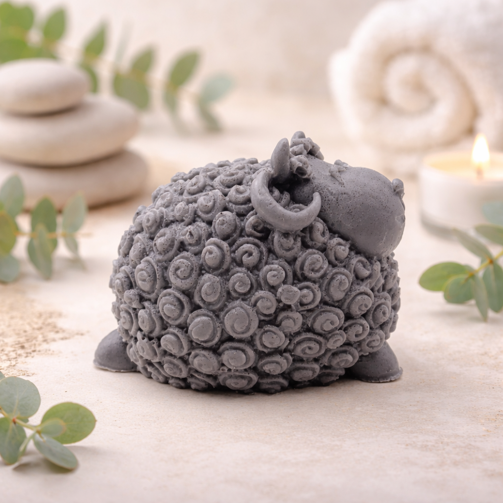 A set of three handmade vegan soaps in different sheep styles, including a dark grey smiling sheep and two lambs with detailed woolly textures, displayed on a rustic wooden surface with lavender and flowers.