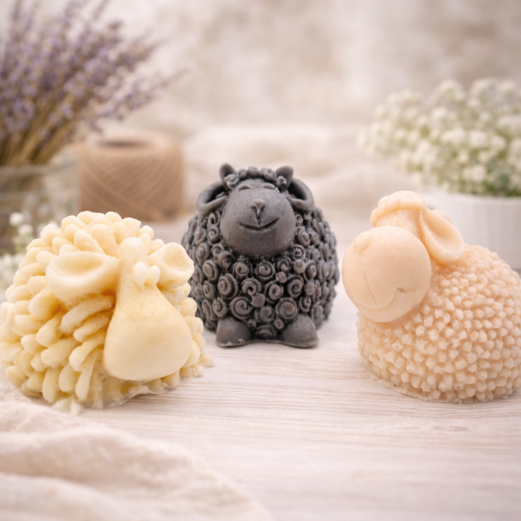 A set of three handmade vegan soaps in different sheep styles, including a dark grey smiling sheep and two lambs with detailed woolly textures, displayed on a rustic wooden surface with lavender and flowers.