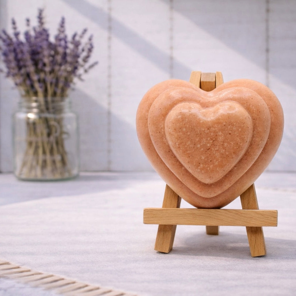 handmade vegan soap gift featuring a triple-tiered heart relief design, displayed on a wooden easel against a rustic farmhouse decor background with lavender.