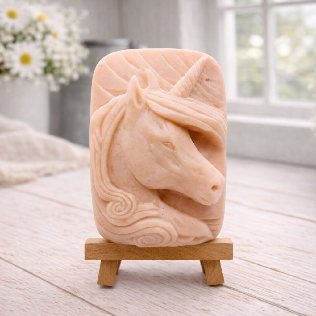handmade vegan soap featuring a detailed unicorn head relief with a spiralled horn and flowing curly mane, displayed on a small wooden easel in a bright farmhouse decor setting.