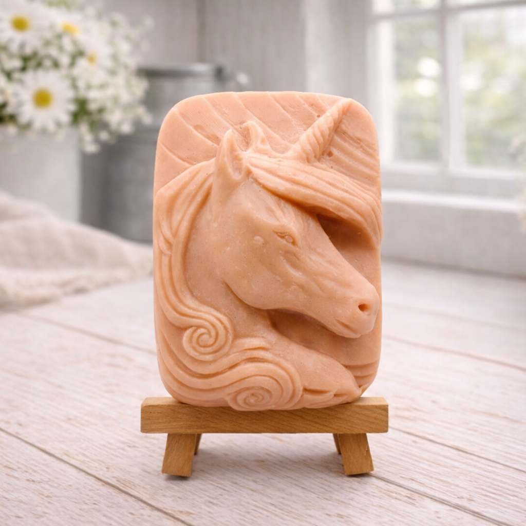 handmade vegan soap featuring a detailed unicorn head relief with a spiralled horn and flowing curly mane, displayed on a small wooden easel in a bright farmhouse decor setting.