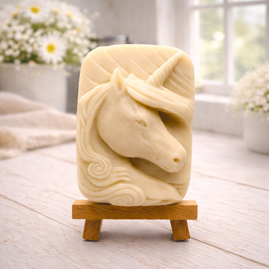 handmade vegan soap featuring a detailed unicorn head relief with a spiralled horn and flowing curly mane, displayed on a small wooden easel in a bright farmhouse decor setting.