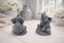 Load image into Gallery viewer, A charming gift set of two handmade vegan soaps, one sculpted as a sitting baby elephant with a trunk raised in a greeting and the other as a smaller standing calf, displayed on a light wooden surface in a bright farmhouse setting.
