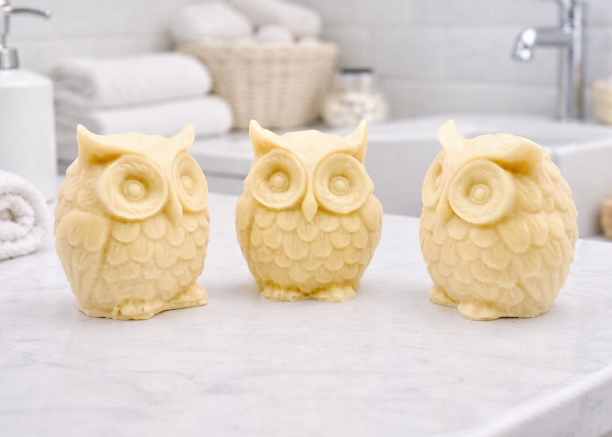 handmade vegan soaps in the shape of owls with detailed feathered textures and large eyes, Beautifully gift boxed in eco friendly packaging. 