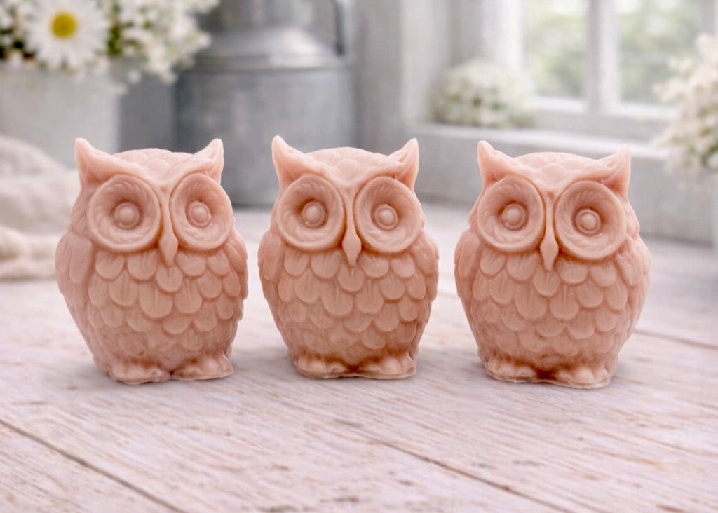 A gift set featuring three handmade vegan soaps shaped like barn owls , arranged in a row on a light wooden surface with white flowers in the background 