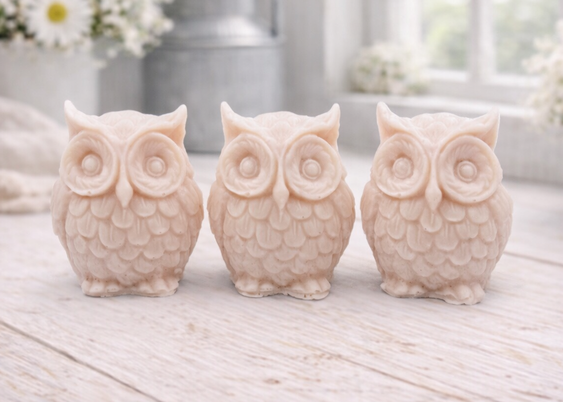A gift set featuring three handmade vegan soaps shaped like barn owls , arranged in a row on a light wooden surface with white flowers in the background 