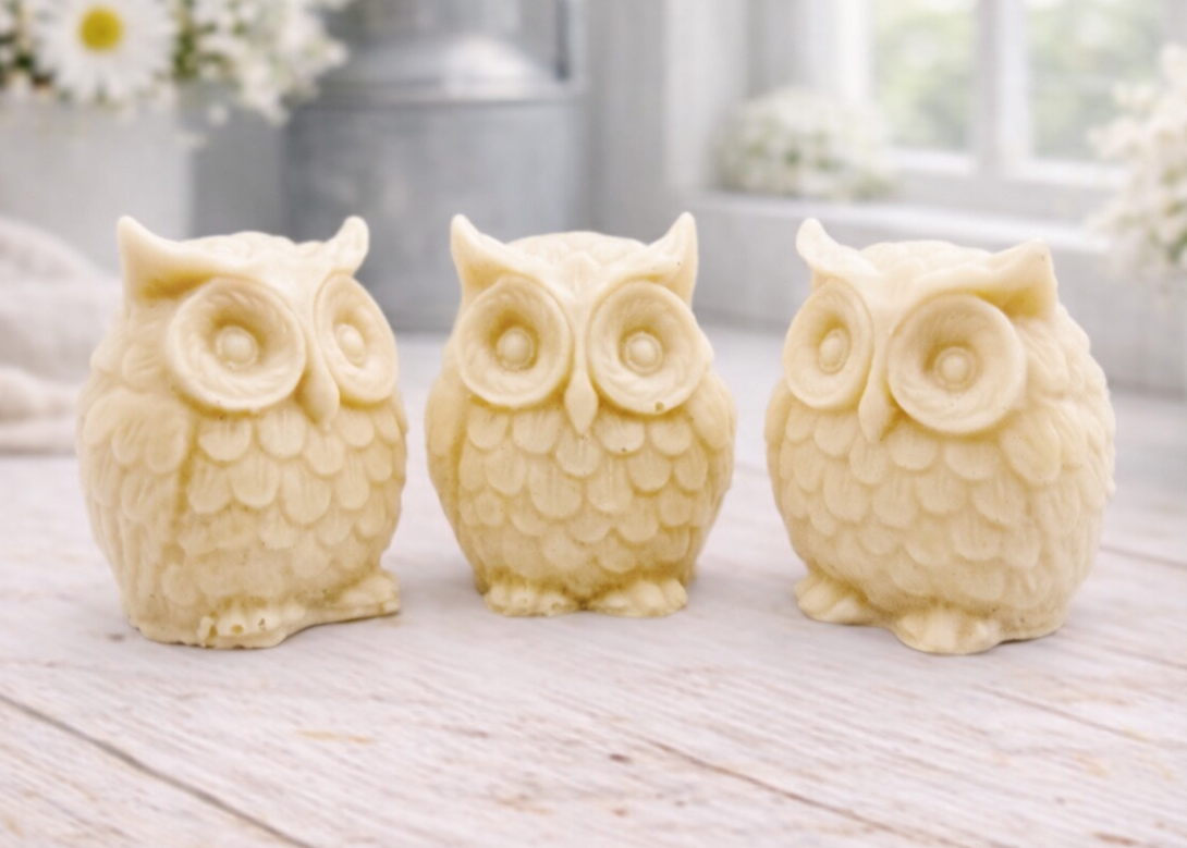 A gift set featuring three handmade vegan soaps shaped like barn owls , arranged in a row on a light wooden surface with white flowers in the background 