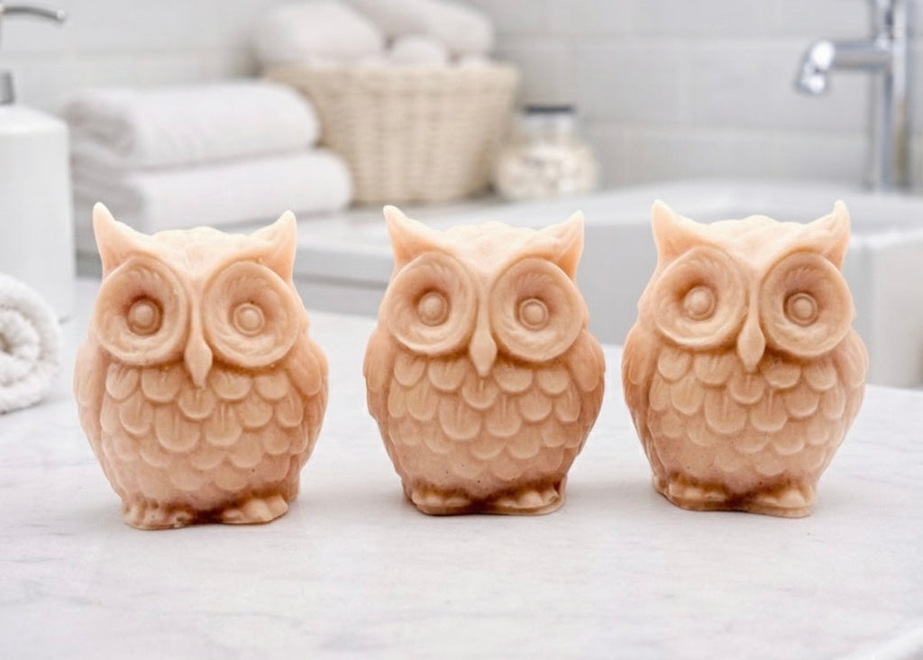 A gift set featuring three handmade vegan soaps shaped like barn owls , arranged in a row on a light wooden surface with white flowers in the background 