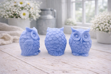 Load image into Gallery viewer, A gift set featuring three handmade vegan soaps shaped like barn owls , arranged in a row on a light wooden surface with white flowers in the background 
