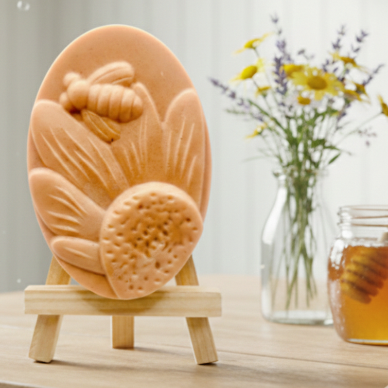 handmade vegan soap gift featuring a detailed honey bee landing on a large sunflower, displayed on a wooden easel against a whimsical farmhouse decor background.