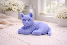 Load image into Gallery viewer, A highly detailed handmade vegan soap sculpted in the shape of a sitting cat with its tail curled around its paws, featuring realistic fur texture and a sweet facial expression, displayed on a light wooden surface.
