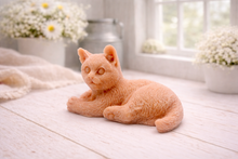 Load image into Gallery viewer, A highly detailed handmade vegan soap sculpted in the shape of a sitting cat with its tail curled around its paws, featuring realistic fur texture and a sweet facial expression, displayed on a light wooden surface.
