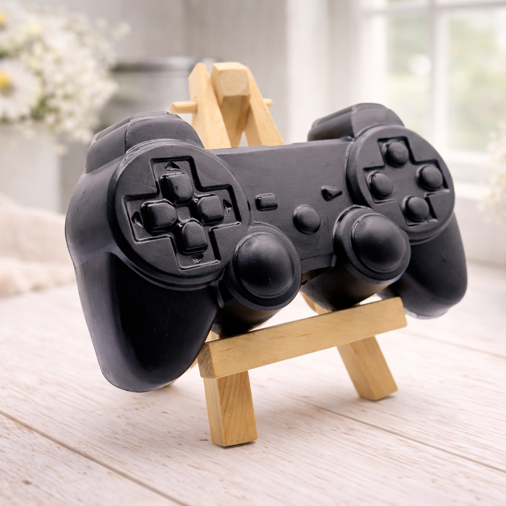 A 3D handmade vegan soap sculpted in the shape of a classic video game controller, finished in a deep charcoal black with realistic buttons and joysticks, displayed on a miniature wooden easel in a bright farmhouse setting.
