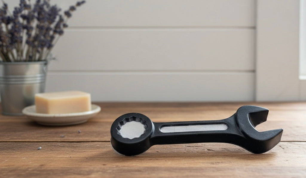 A 3D handmade vegan soap sculpted in the shape of a realistic spanner or wrench tool, finished in a sleek charcoal black with silver-painted detailing on the handle and head, lying on a light wood surface.