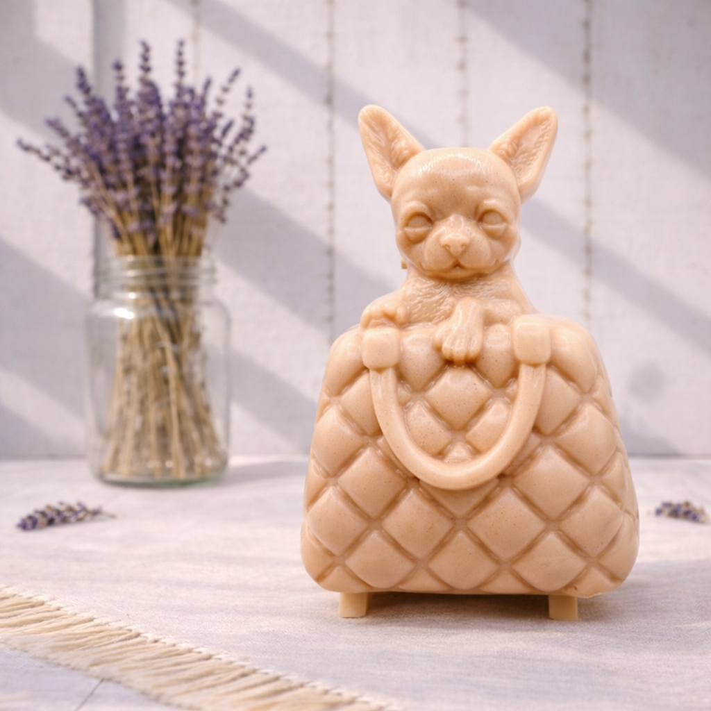 A highly detailed handmade vegan soap in a speckled grey marble finish, sculpted as a small chihuahua puppy with large ears peeking out from inside a quilted designer-style handbag, displayed on a miniature wooden easel.