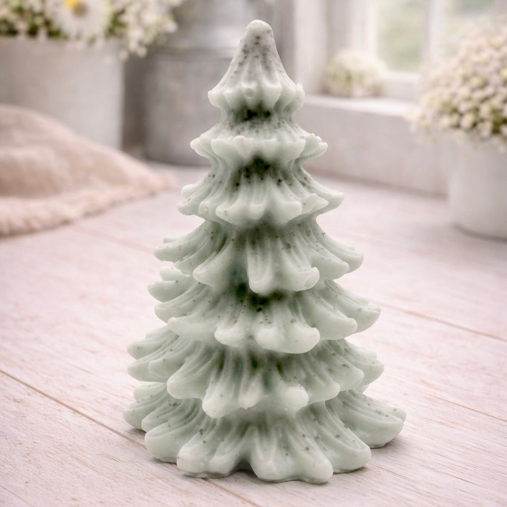 vegan soap sculpted into a realistic evergreen Christmas tree with multiple layers of textured, needle-like branches