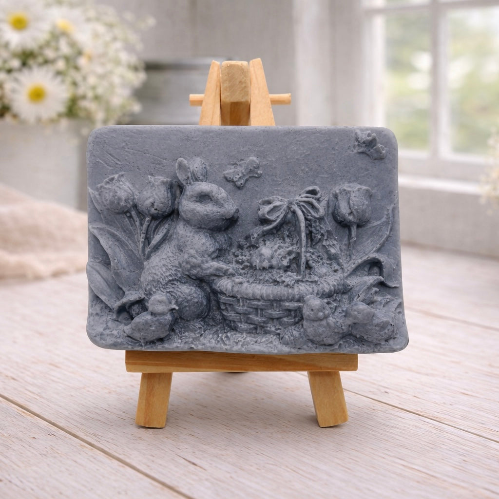 A rectangular handmade vegan soap in a sophisticated slate-grey tone, featuring a highly detailed relief scene of an Easter bunny standing next to a basket of eggs, surrounded by blooming tulips and small birds, displayed on a wooden easel.