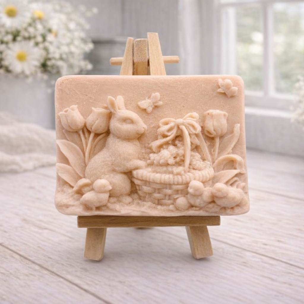 A rectangular handmade vegan soap in a sophisticated tone, featuring a highly detailed relief scene of an Easter bunny standing next to a basket of eggs, surrounded by blooming tulips and small birds, displayed on a wooden easel.