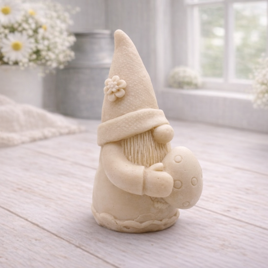 A detailed handmade vegan soap gift,  sculpted as a whimsical Easter gnome (gonk) wearing a tall pointed hat with a flower detail, holding a large patterned Easter egg.