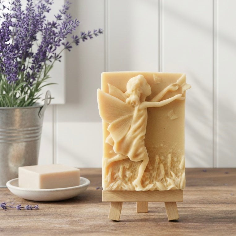 A rectangular handmade vegan soap featuring a detailed relief of a winged fairy reaching towards a butterfly in a meadow of tall grass and flowers, displayed on a miniature wooden easel