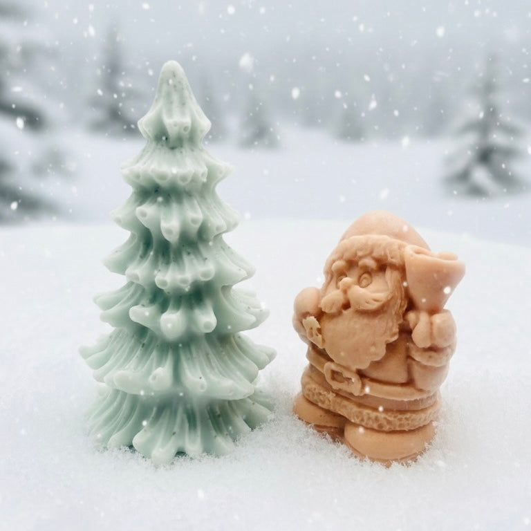 Handmade vegan Father Christmas and Christmas tree shaped vegan soaps gift boxed in beautiful eco friendly packaging.  crafted with natural French clays, activated charcoal and essential oils. a eco-friendly, zero waste gift that’s cruelty-free, skin-nourishing, and perfect for animal lovers. Small business UK. 