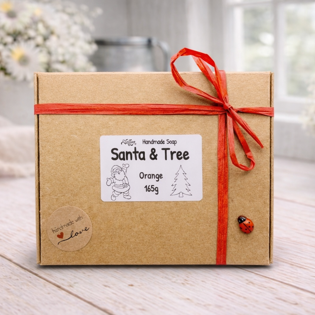 Gift box with 'Santa & Tree' label and red ribbon on a wooden surface