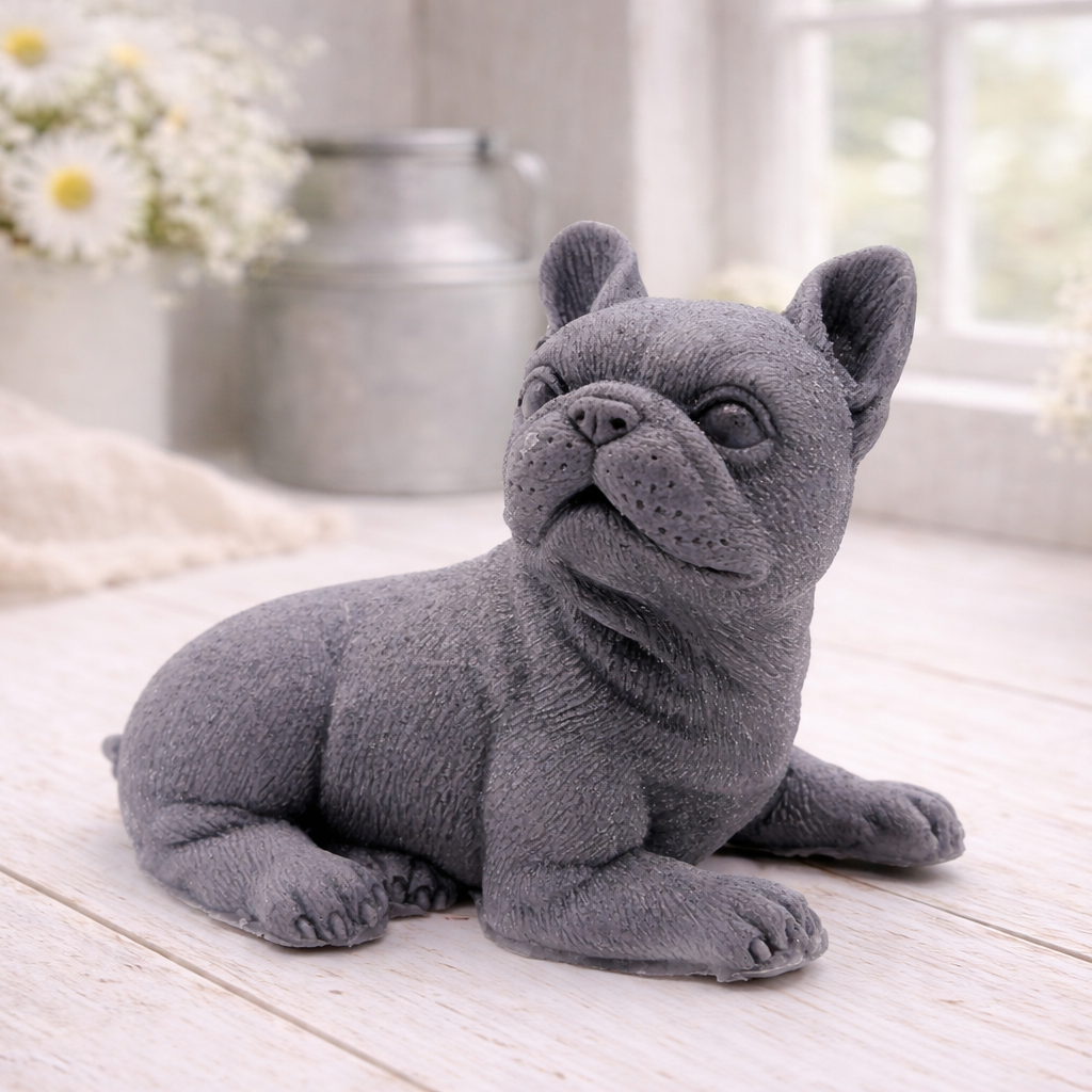 A highly detailed handmade vegan soap in a sophisticated slate-grey tone, sculpted in the shape of a French bulldog puppy sitting upright with its characteristic large ears and wrinkled face, displayed on a light wooden surface.