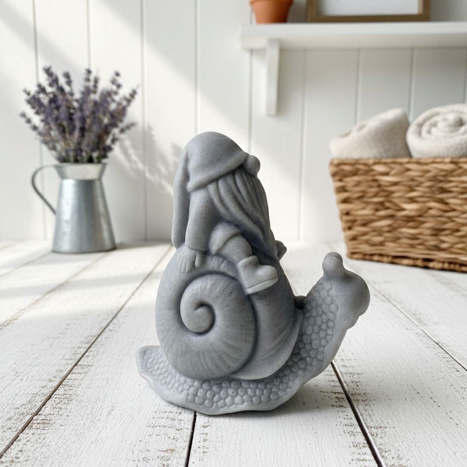 A handmade vegan soap gift, sculpted as a whimsical gnome (gonk) with a tall, slouchy hat and a long beard, sitting on the shell of a large snail with a textured, bumpy body.