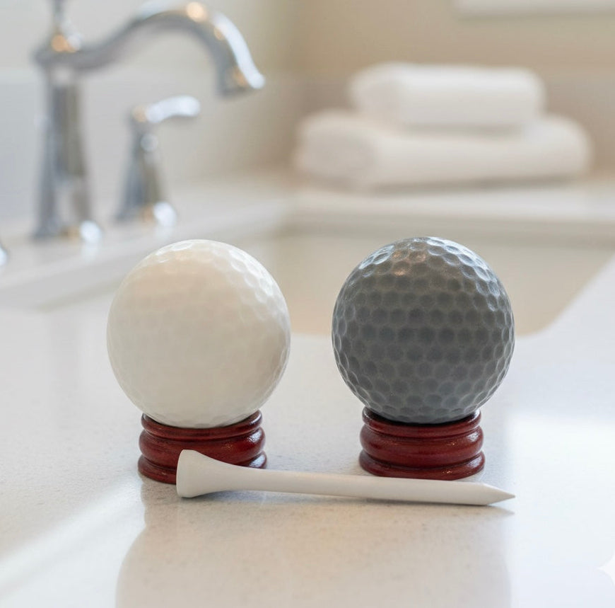 A set of two handmade vegan golf ball soaps in white and grey, displayed on miniature wooden stands with a golf tee in a bright farmhouse decor bathroom.
