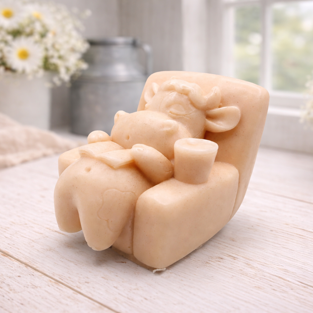 A handmade vegan soap sculpted to show a whimsical "lazy cow" character relaxing in an armchair, reading a book and holding a drink, displayed on a light wooden surface.