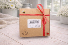 Load image into Gallery viewer, Kraft paper gift box with red ribbon and 'Love Birds' label on a wooden surface.
