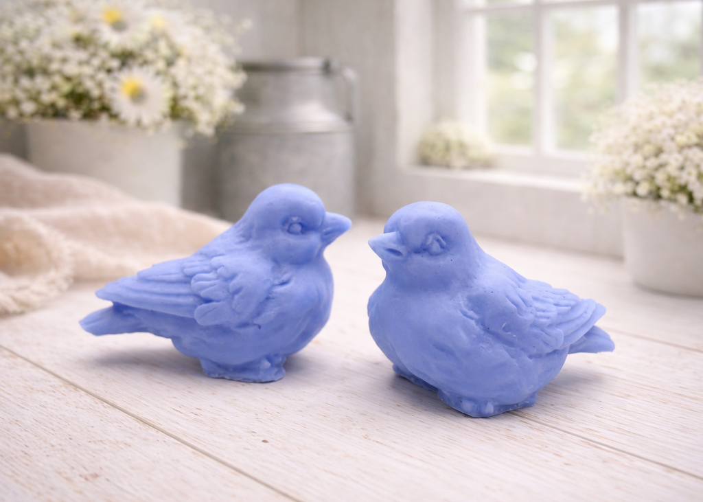 A handmade vegan soap gift set featuring two soaps sculpted into round, feathered birds facing each other, presented in a brown kraft box tied with a red raffia ribbon and decorated with a small bee and ladybird.