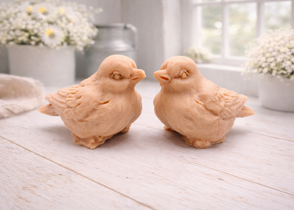 A handmade vegan soap gift set featuring two soaps sculpted into round, feathered birds facing each other, presented in a brown kraft box tied with a red raffia ribbon and decorated with a small bee and ladybird.