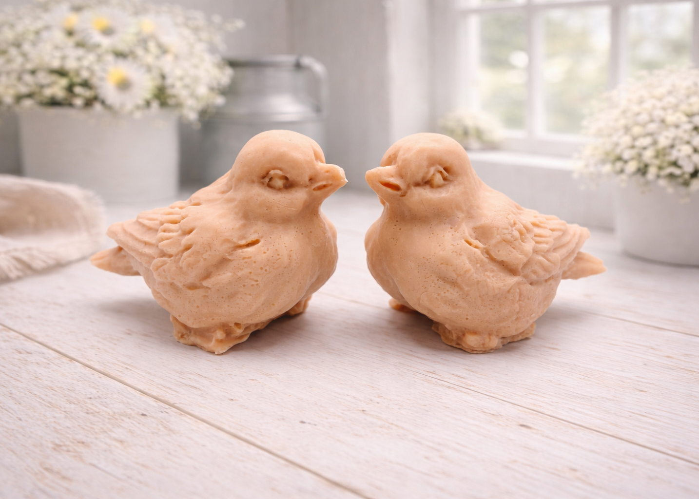A handmade vegan soap gift set featuring two soaps sculpted into round, feathered birds facing each other, presented in a brown kraft box tied with a red raffia ribbon and decorated with a small bee and ladybird.