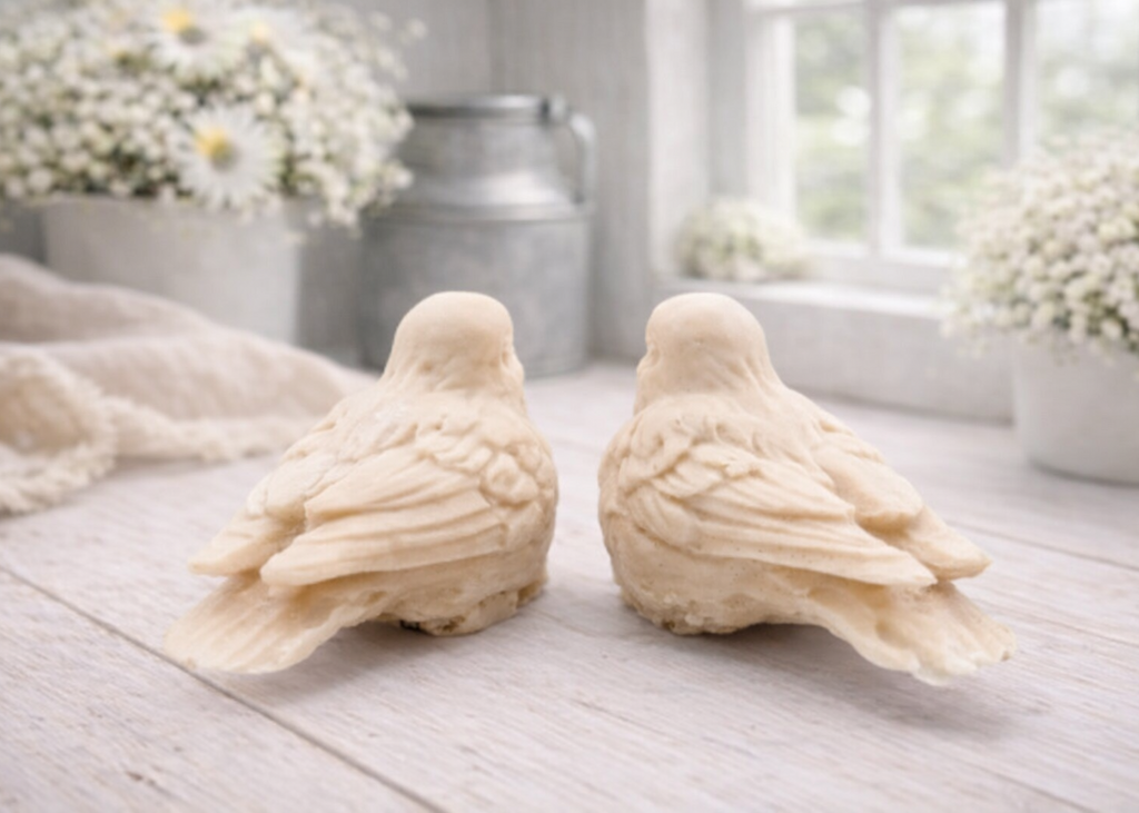 A handmade vegan soap gift set featuring two soaps sculpted into round, feathered birds facing each other, presented in a brown kraft box tied with a red raffia ribbon and decorated with a small bee and ladybird.