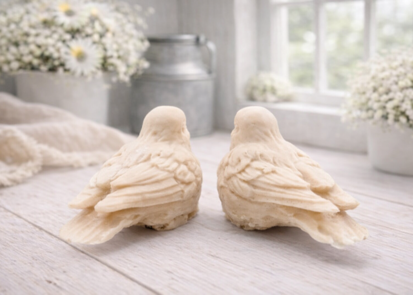 A handmade vegan soap gift set featuring two soaps sculpted into round, feathered birds facing each other, presented in a brown kraft box tied with a red raffia ribbon and decorated with a small bee and ladybird.