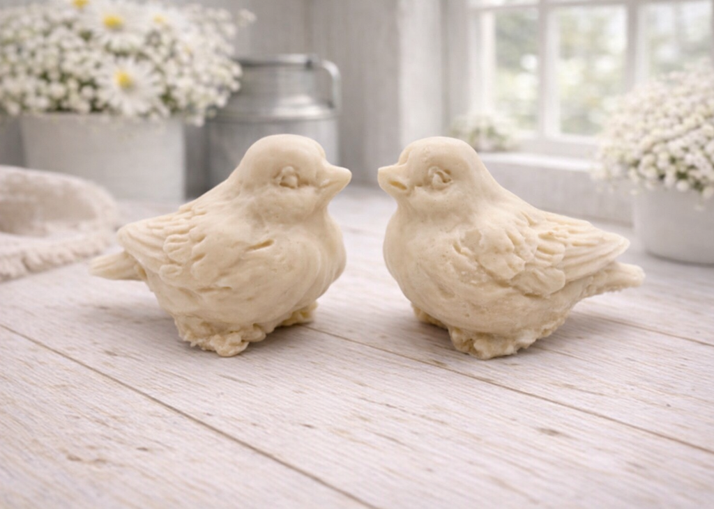 A handmade vegan soap gift set featuring two soaps sculpted into round, feathered birds facing each other, presented in a brown kraft box tied with a red raffia ribbon and decorated with a small bee and ladybird.