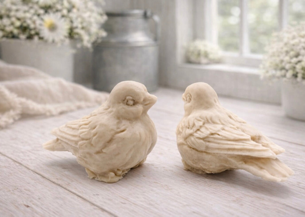 A handmade vegan soap gift set featuring two soaps sculpted into round, feathered birds facing each other, presented in a brown kraft box tied with a red raffia ribbon and decorated with a small bee and ladybird.