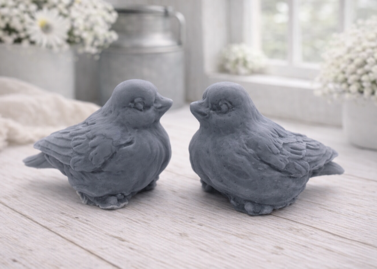 A handmade vegan soap gift set featuring two soaps sculpted into round, feathered birds facing each other, presented in a brown kraft box tied with a red raffia ribbon and decorated with a small bee and ladybird.